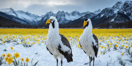 Crowned storks in yellow daffodils and snow covered mountainsの素材