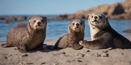 Group of European otters (Lutra lutra) on the beachの素材