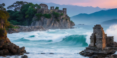 Panoramic view of the ancient ruins of the temple of Poseidon at sunset, Greeceの素材