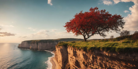 Beautiful seascape with a lonely tree on the cliff.