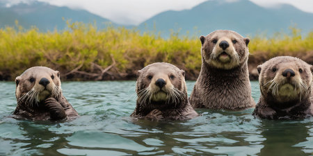 Group of sea otters swimming in the water, close-upの素材