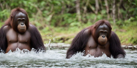 Orangutan bathing in the river in Borneo, Malaysiaの素材
