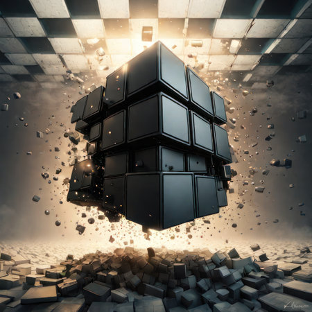 Black cube figure in abstract space. 3D rendering. Mixed mediaの素材