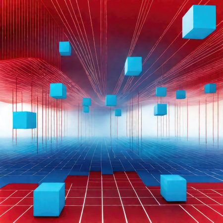 abstract scene with cubes on red and blue background, 3d renderの素材