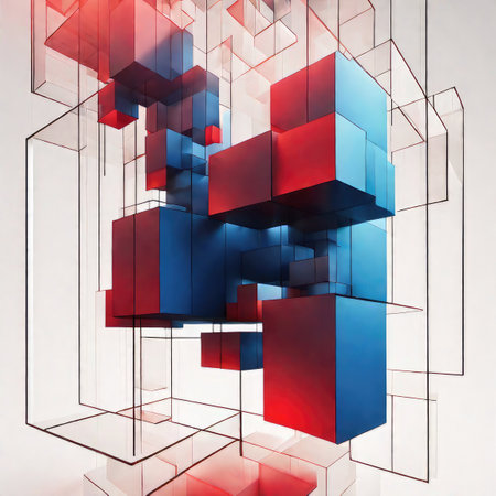 Abstract 3d rendering of geometric shapes in blue and red colors.の素材