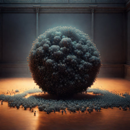 3d render of an abstract sphere made of spheres in empty roomの素材