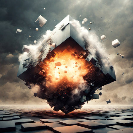 Abstract 3d rendering of cube with explosion in cloudy sky. Mixed mediaの素材