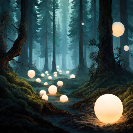 Fantasy forest with full moon in the night. Vector illustration.の素材