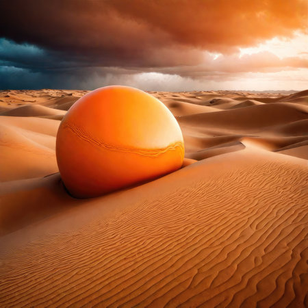 Orange ball on sand dunes at sunset. 3d render.の素材