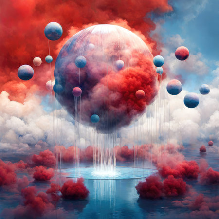 3d render of planet with red and blue spheres in the waterの素材