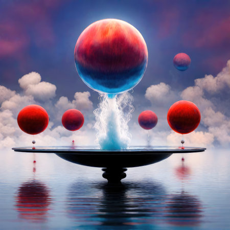 Abstract scene with planet and red spheres in the sky. 3d renderの素材