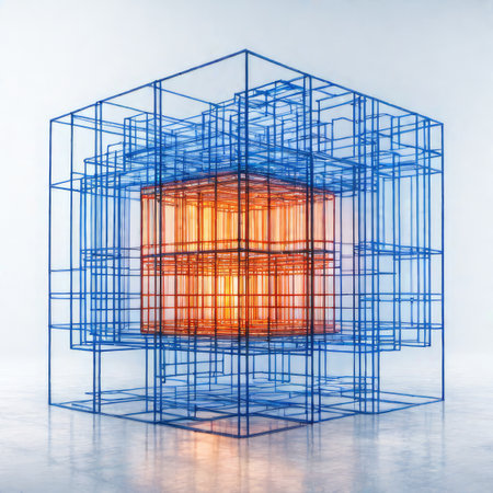 Abstract wireframe cube on white background. 3D Rendering.の素材