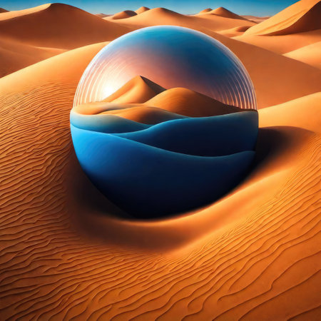 3d illustration of abstract background with globe in the middle of the desertの素材