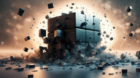 3D rendering of abstract cubes with flying debris in empty space.の素材