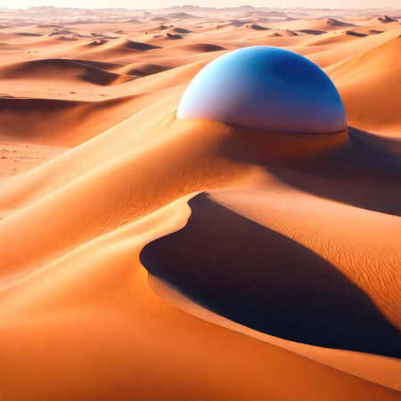 Desert landscape with a sphere in the middle of the dunesの素材