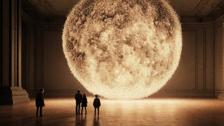 People looking at big ball with smoke in empty room 3D renderingの素材