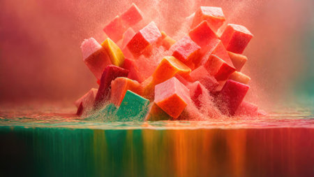 Fruit splashes of watermelon and orange on a green backgroundの素材