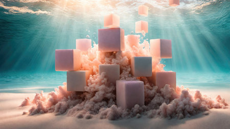 3d illustration of abstract scene with cube in the sea. 3d renderingの素材