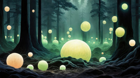 Fantasy landscape with green forest and big moon. 3D renderingの素材