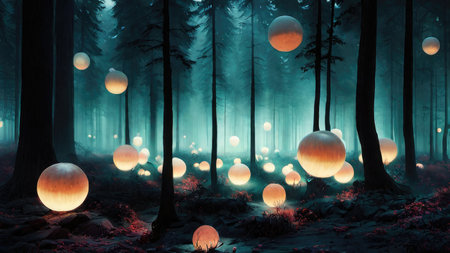 Mystical forest with glowing lanterns. 3D Renderingの素材