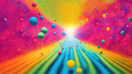 abstract 3d illustration of colorful background with balls and rays of lightの素材