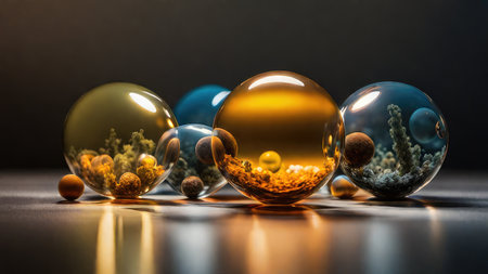 Colourful glass balls on a black background with reflection and copy spaceの素材