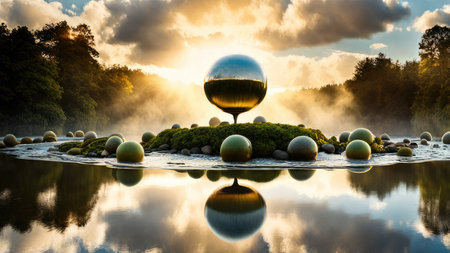 Beautiful landscape with glass sphere and reflection in the pond at sunsetの素材