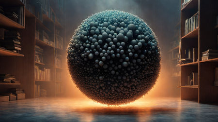 Abstract sphere made of spheres flying in the air. 3D renderingの素材