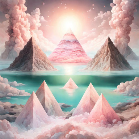 Fantasy landscape with mountains, sea and clouds. Vector illustration.の素材