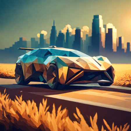 Abstract low poly car on the street. 3d render. Futuristic concept.の素材