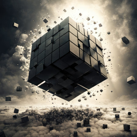 Conceptual image with cube made of cubes floating in cloudy skyの素材