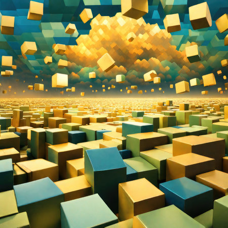 Abstract 3d rendering of golden and blue cubes. Futuristic background.の素材
