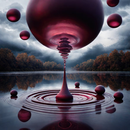 Conceptual image of a red water drop falling into the waterの素材