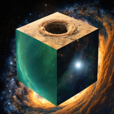 Cube in space with a hole in the center. 3D renderingの素材