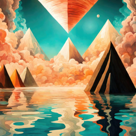 Mountain landscape with hot air balloon floating in the water. Vector illustration.の素材