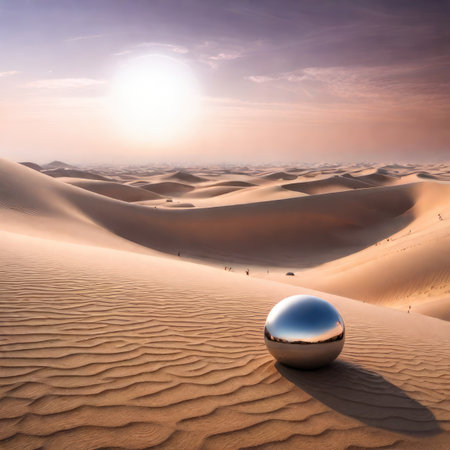 Sunset in the desert with crystal ball in the middle of sand dunesの素材