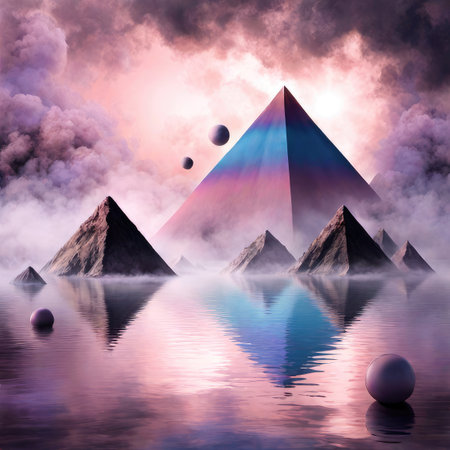 Fantasy landscape with pyramids, clouds and reflection in water.の素材