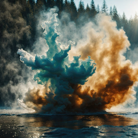 3D illustration of a huge explosion in the sky with smoke.の素材
