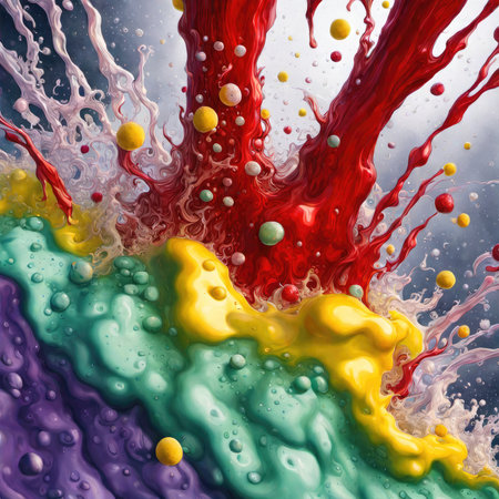 Colorful paint splashes on a black background. 3d renderingの素材