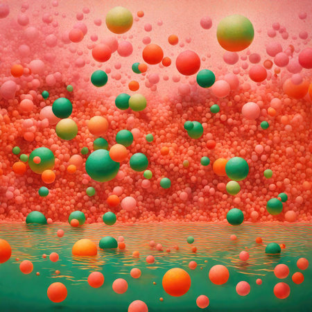 Abstract background with red and green balls floating in water. 3d renderの素材
