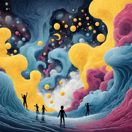 Illustration of a group of people dancing in the night sky.の素材