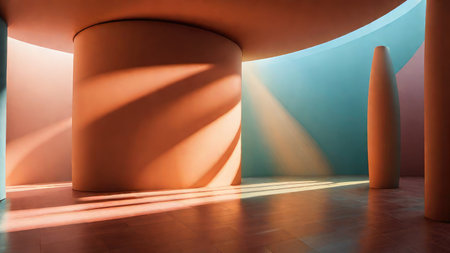 Interior of empty room with columns and sunlight. 3d renderの素材