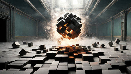 Conceptual image with flying cube figure as symbol of problem solvingの素材