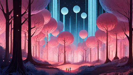 Fantasy landscape with forest and neon lights - illustration for children.の素材