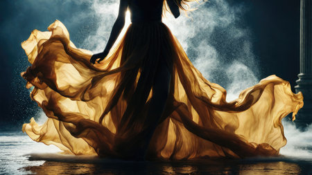 Young woman in a long orange dress dancing in the dark with smokeの素材