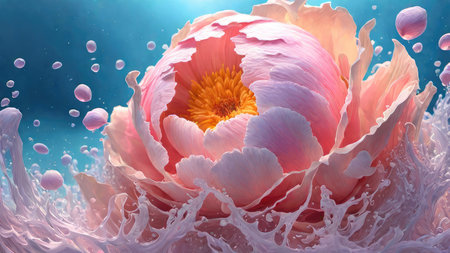 Beautiful peony flower in water. 3d illustration. Nature.の素材