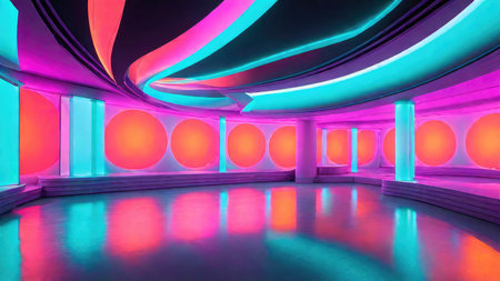 3D rendering of the interior of a modern building with colorful lightsの素材