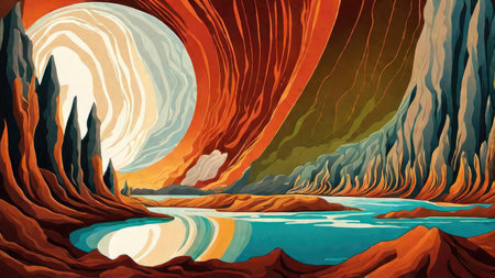 Illustration of the sun rising over the lake in the desert.の素材