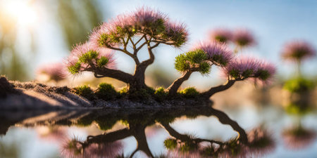Bonsai tree in Bonsai garden with reflection on waterの素材