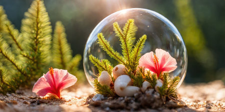 Transparent glass ball with pink hibiscus flowers and pine branches on the groundの素材